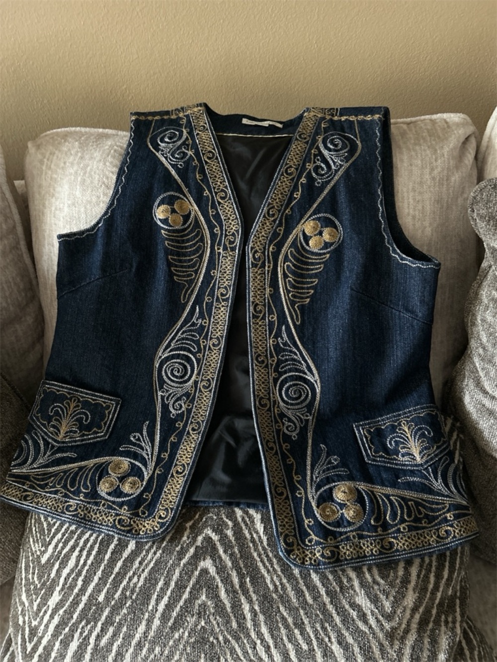 Coldwater Creek Embroidered Denim Vest in Navy and Gold